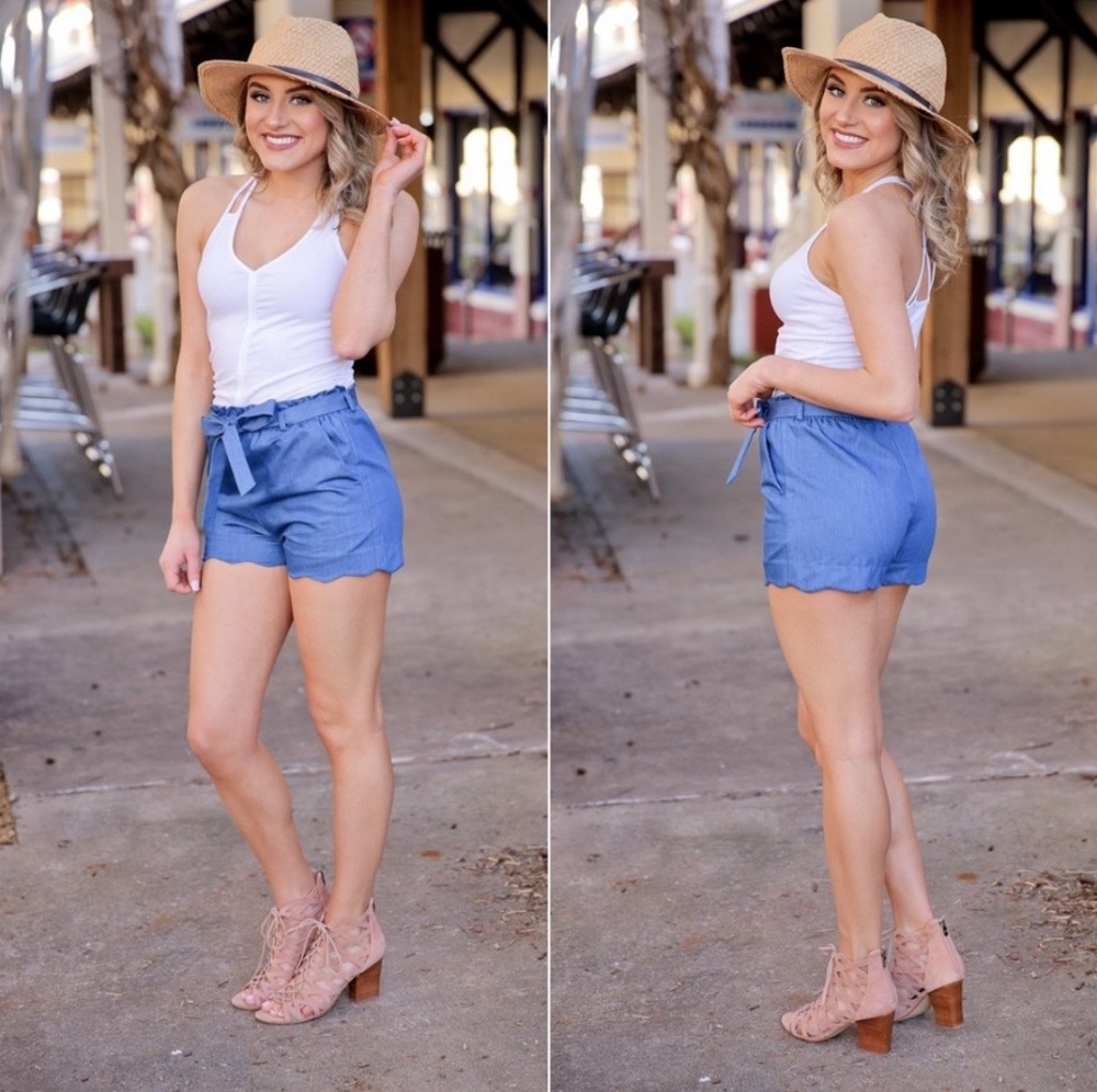 SCALLOPED HEMMED FRONT TIE SHORTS